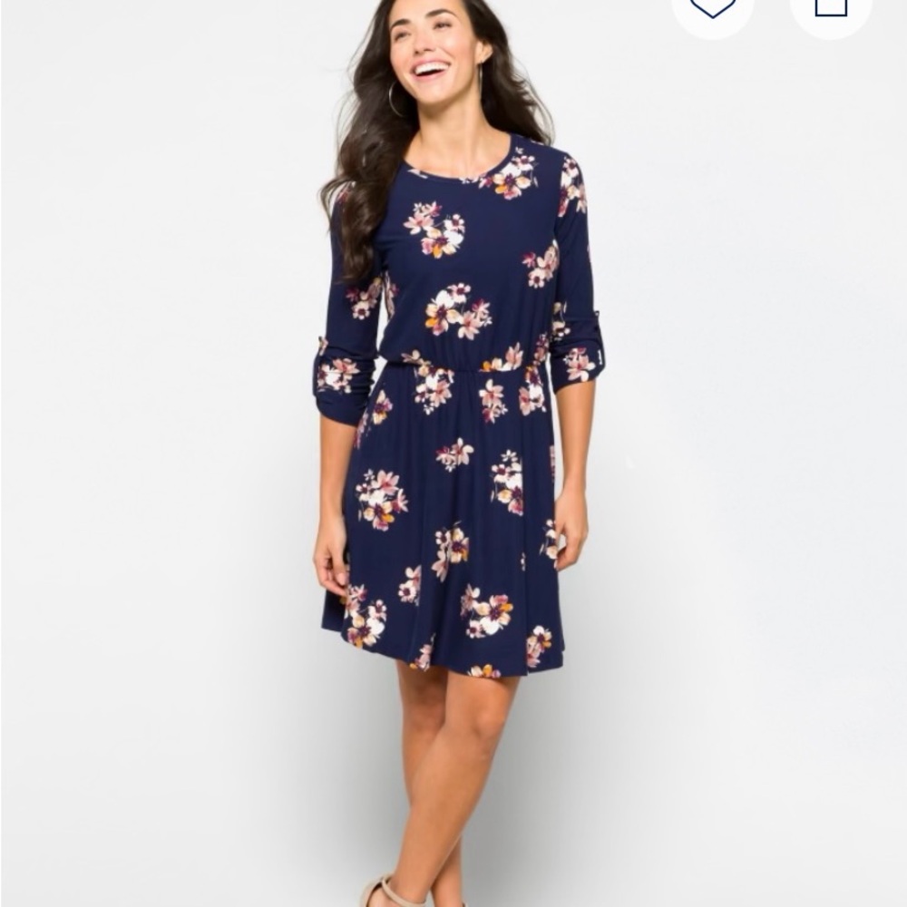 French Grey Navy Floral Long Sleeve Dress